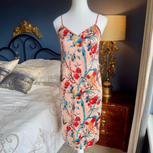 Pink 100% Silk Floral Bird Print Cami Dress - Picture 4 of 16